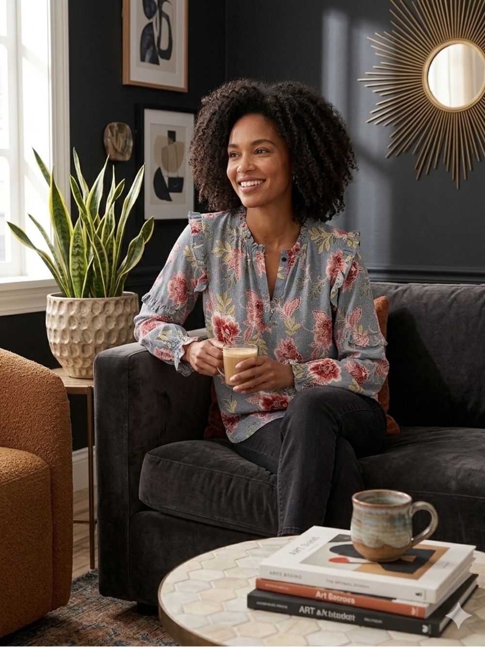 LOFT Blue Floral Ruffle-Neck Blouse